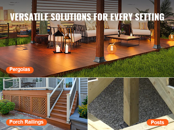 VEVOR 4x4 post base showcasing pergolas, porch railings, and wood posts with versatile solutions.