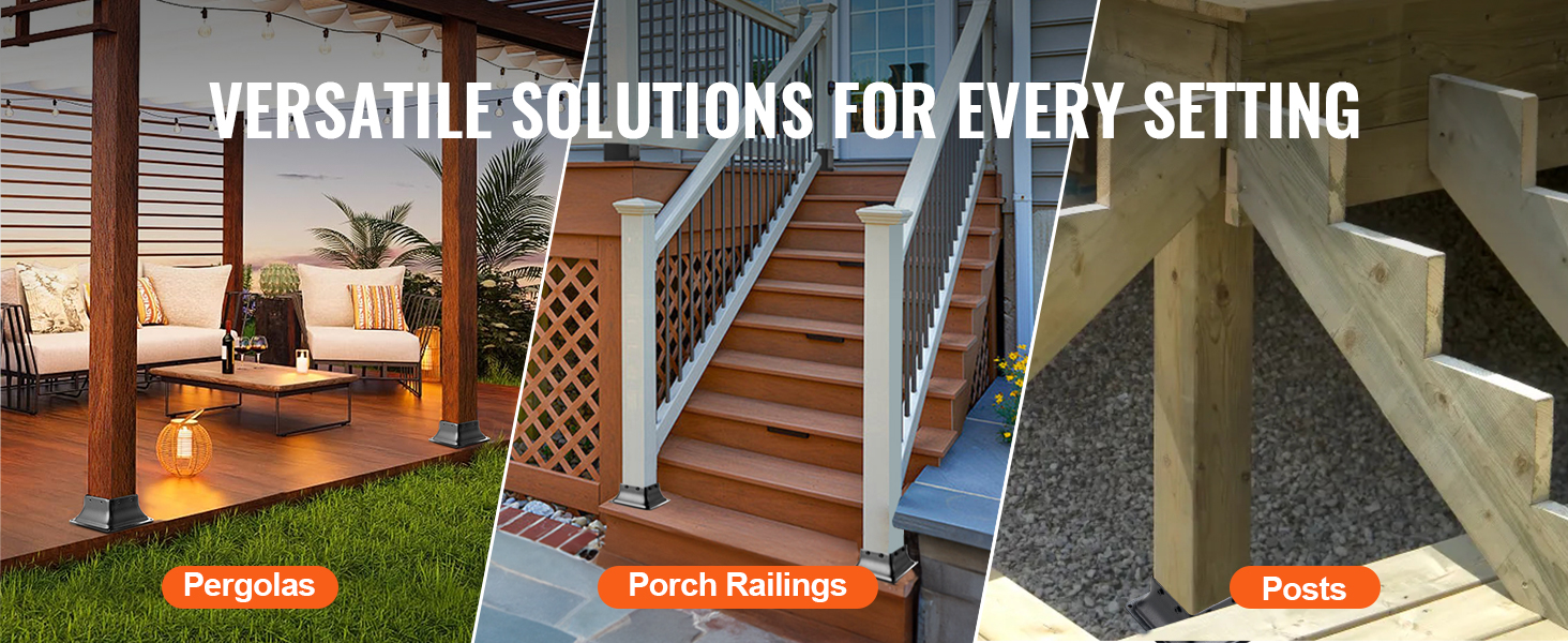 VEVOR 4x4 post base showcasing pergolas, porch railings, and wood posts with versatile solutions.