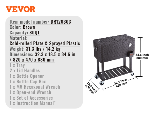 VEVOR rolling ice chest cooler in brown with 80qt capacity, cold-rolled plate & sprayed plastic, 31.3 lbs.