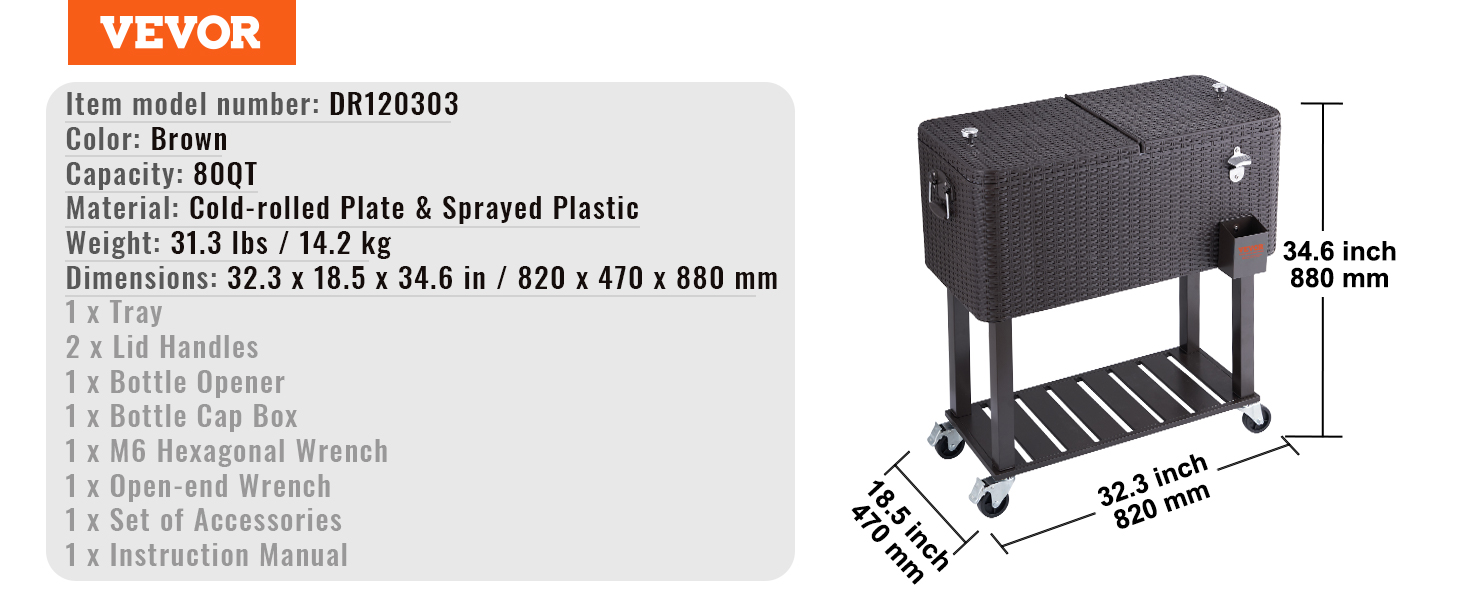 VEVOR rolling ice chest cooler in brown with 80qt capacity, cold-rolled plate & sprayed plastic, 31.3 lbs.