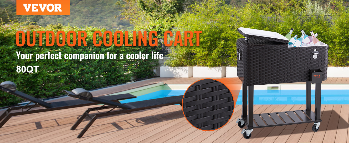 VEVOR rolling ice chest cooler by the pool, stocked with drinks, ideal for outdoor cooling needs.