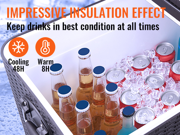 VEVOR rolling ice chest cooler filled with drinks and ice, showcasing its impressive insulation effect.