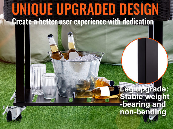 VEVOR rolling ice chest cooler with upgraded stable legs, bottles in ice bucket, and glasses on shelf.