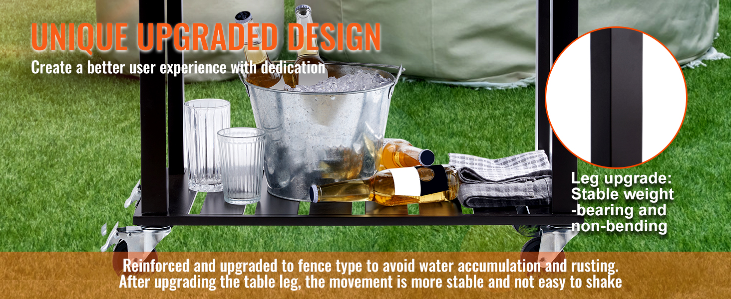 VEVOR rolling ice chest cooler with upgraded stable legs, bottles in ice bucket, and glasses on shelf.