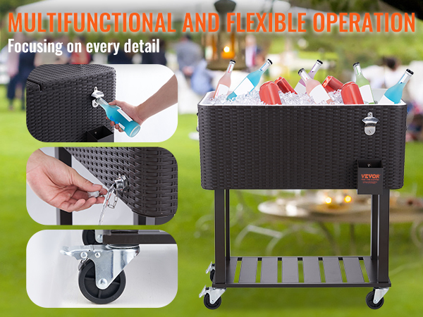 VEVOR rolling ice chest cooler with bottle opener, drain plug, 360° casters for smooth operation.