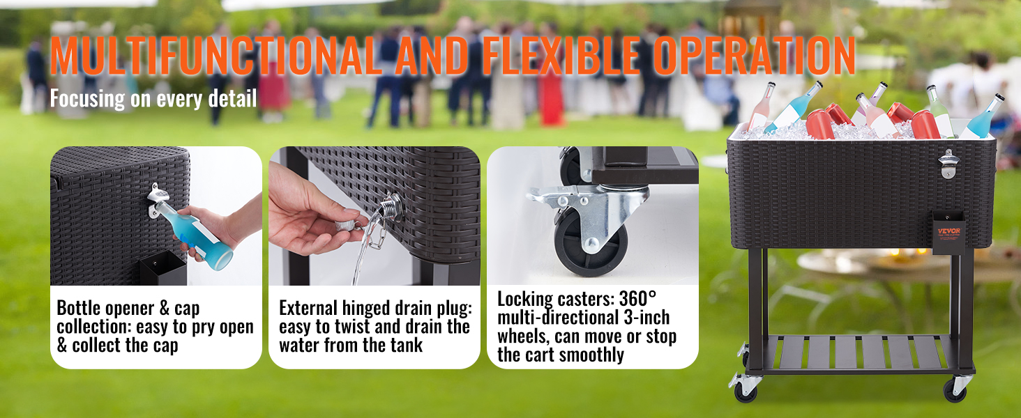 VEVOR rolling ice chest cooler with bottle opener, drain plug, 360° casters for smooth operation.