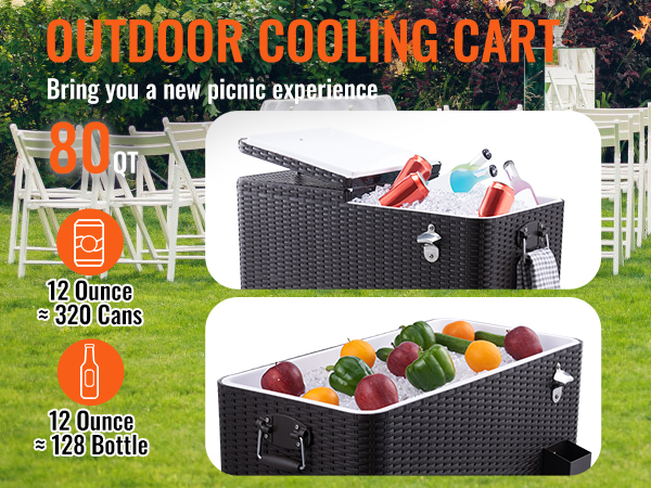 VEVOR rolling ice chest cooler 80qt outdoor cooling cart filled with drinks and vegetables, ideal for picnics.