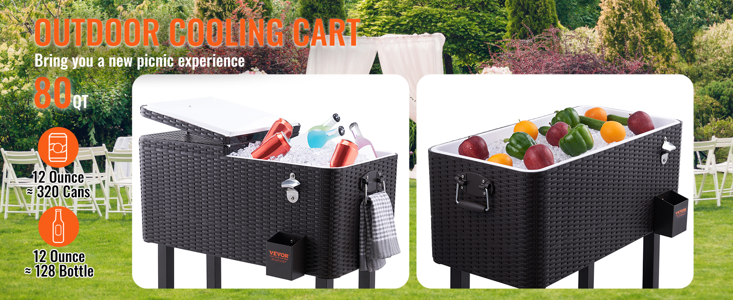 VEVOR rolling ice chest cooler 80qt outdoor cooling cart filled with drinks and vegetables, ideal for picnics.