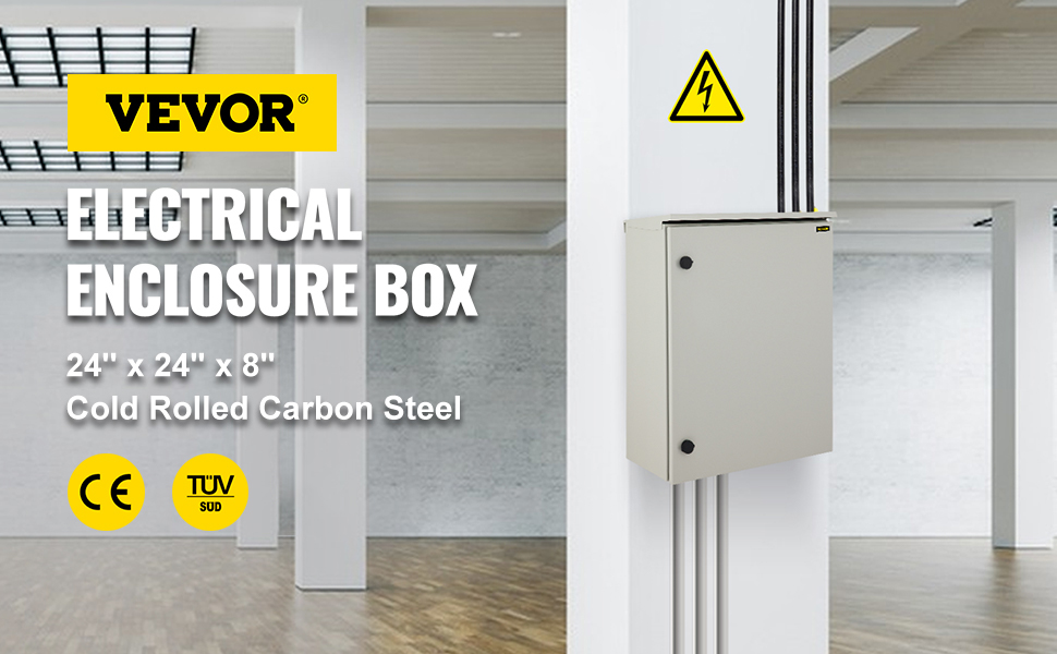 VEVOR electrical enclosure box, 24"x24"x8" cold rolled carbon steel, mounted on a white pillar indoors.
