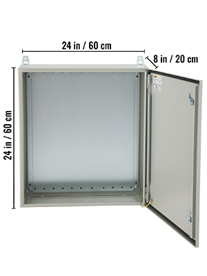 VEVOR electrical enclosure 24x24x8 inches with open door showing spacious interior.