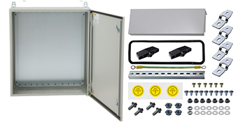 open VEVOR electrical enclosure with mounting hardware, screws, wire grommets, and various accessories.