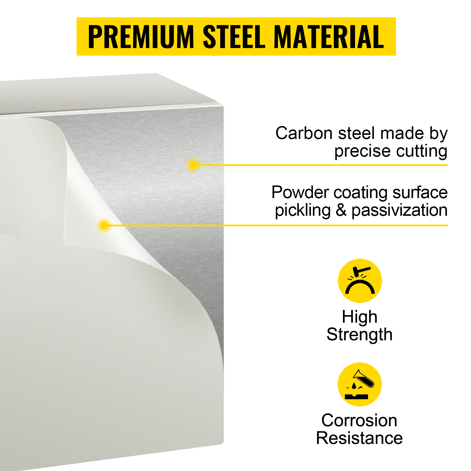 VEVOR electrical enclosure, premium carbon steel with powder coating for high strength and corrosion resistance.