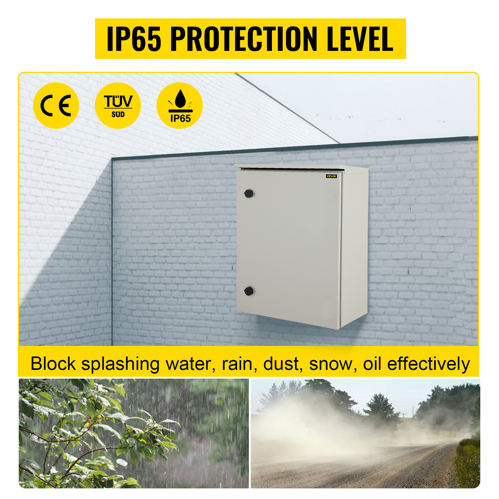 VEVOR electrical enclosure with ip65 protection against water, rain, dust, snow, and oil.