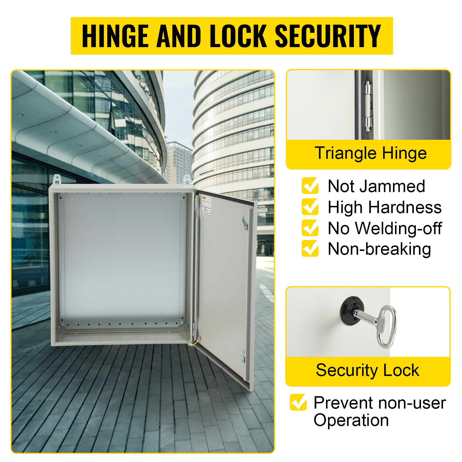 VEVOR electrical enclosure with hinge and lock security, showcasing durability and protection features.