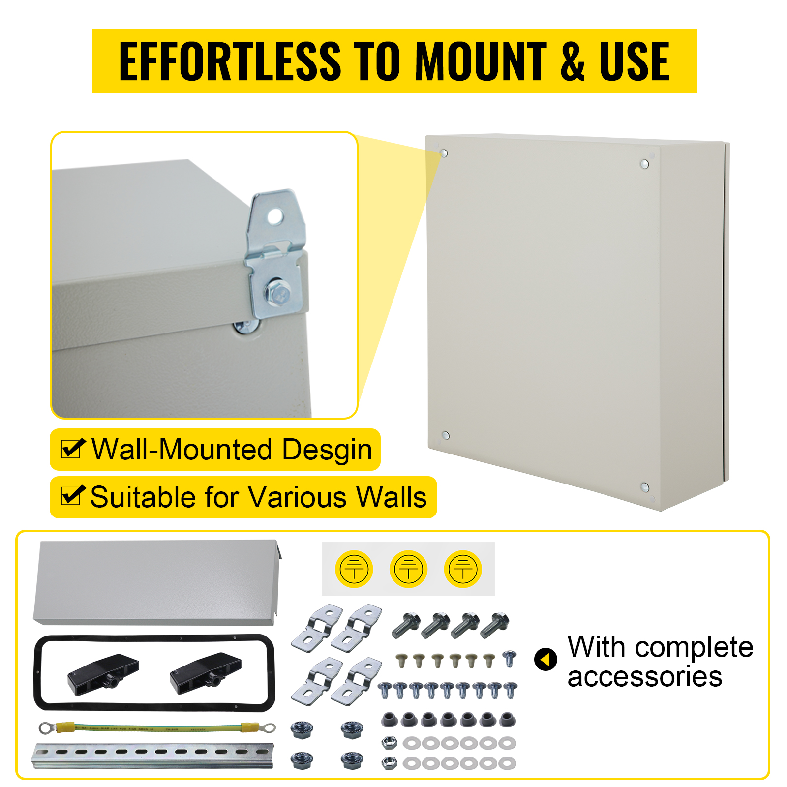 VEVOR electrical enclosure, wall-mounted design, complete accessories, suitable for various walls.
