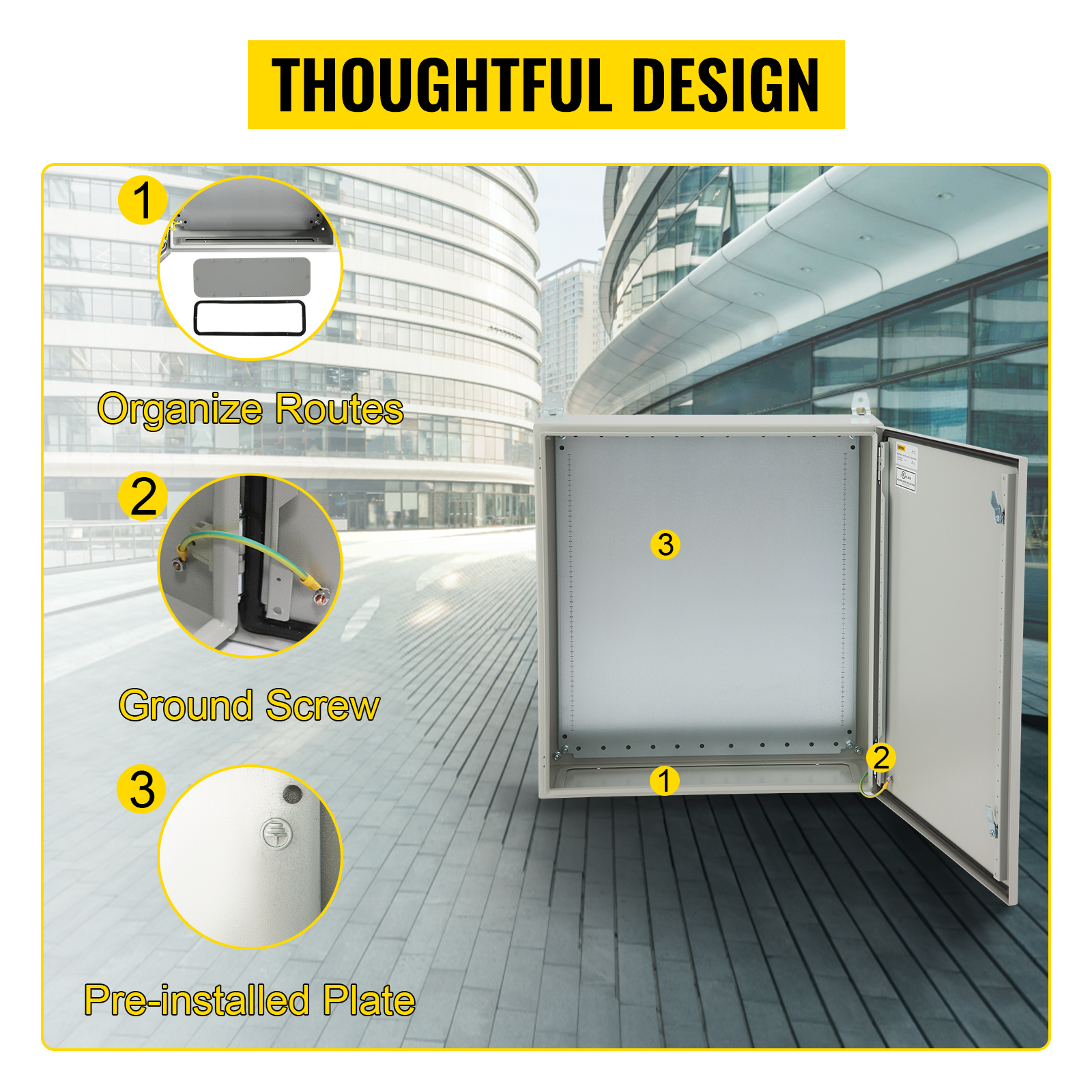 VEVOR electrical enclosure with organize routes, ground screw, and pre-installed plate. thoughtful design.