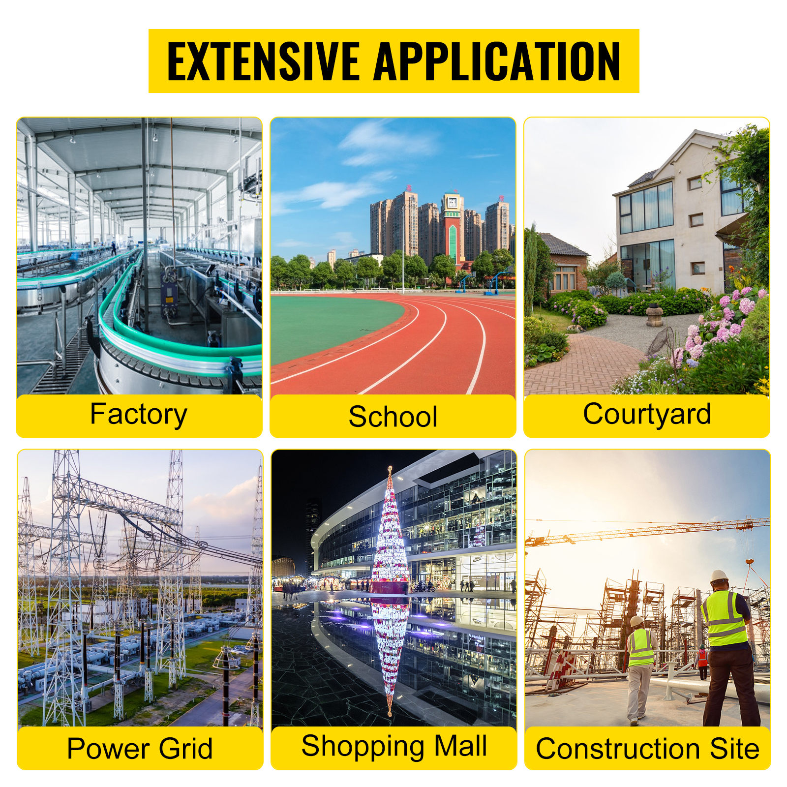 VEVOR electrical enclosure applications: factory, school, courtyard, power grid, shopping mall, construction site.