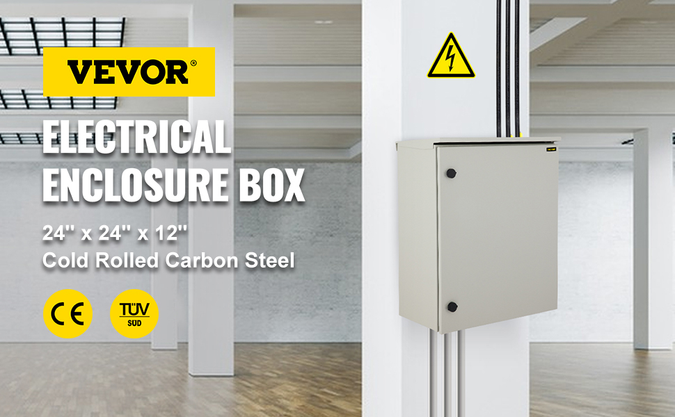 VEVOR electrical enclosure box in modern room, cold rolled carbon steel, ce and tuv certified.