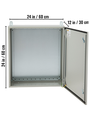 VEVOR electrical enclosure, 24x24x12 inch, open-door view, gray metal cabinet with mounting holes.