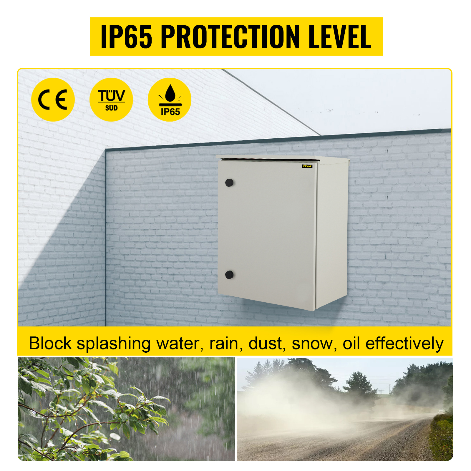 VEVOR electrical enclosure, ip65 certified for water, dust, snow, and oil protection. ce and tuv sud approved.