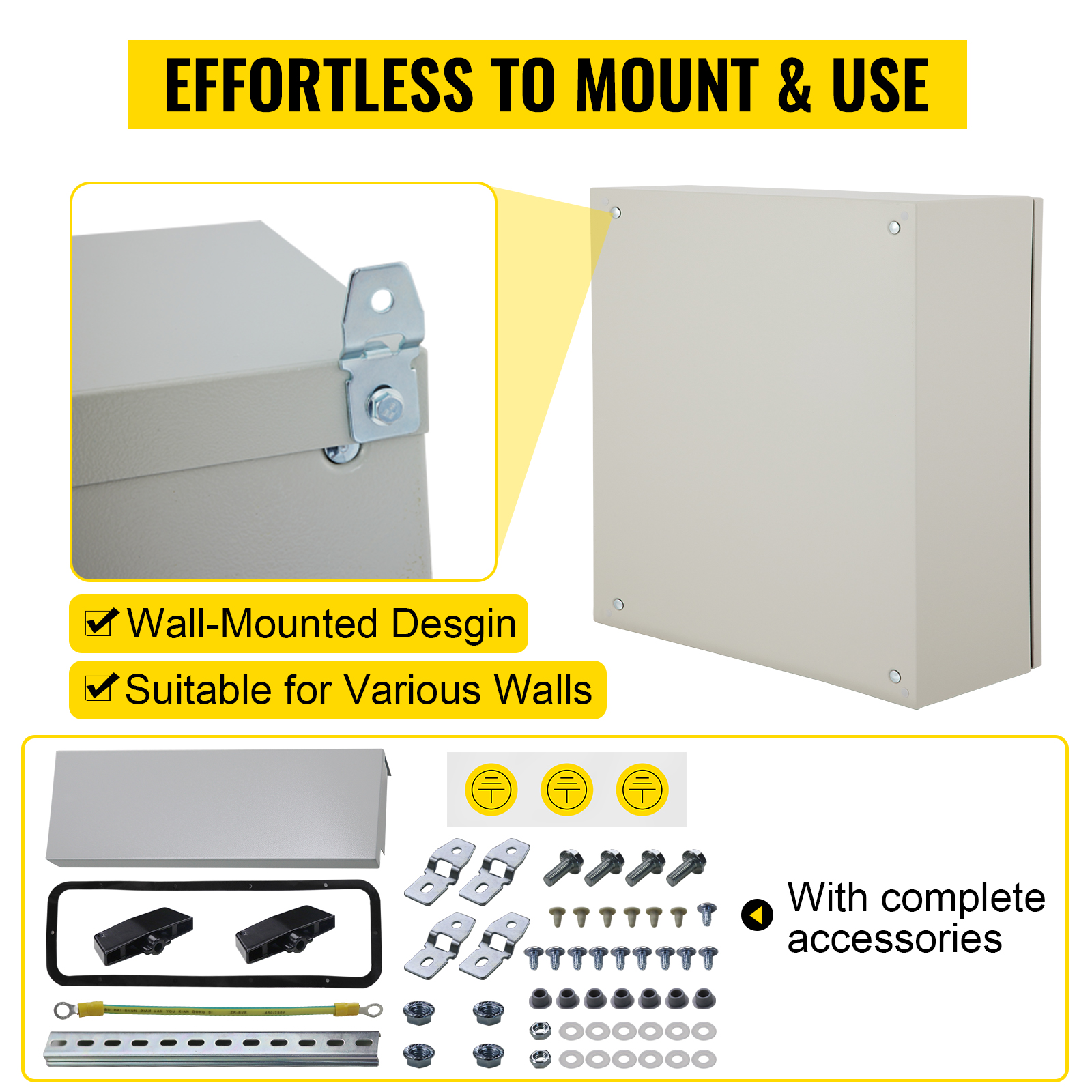 VEVOR electrical enclosure, wall-mounted design, complete accessories, suitable for various walls.