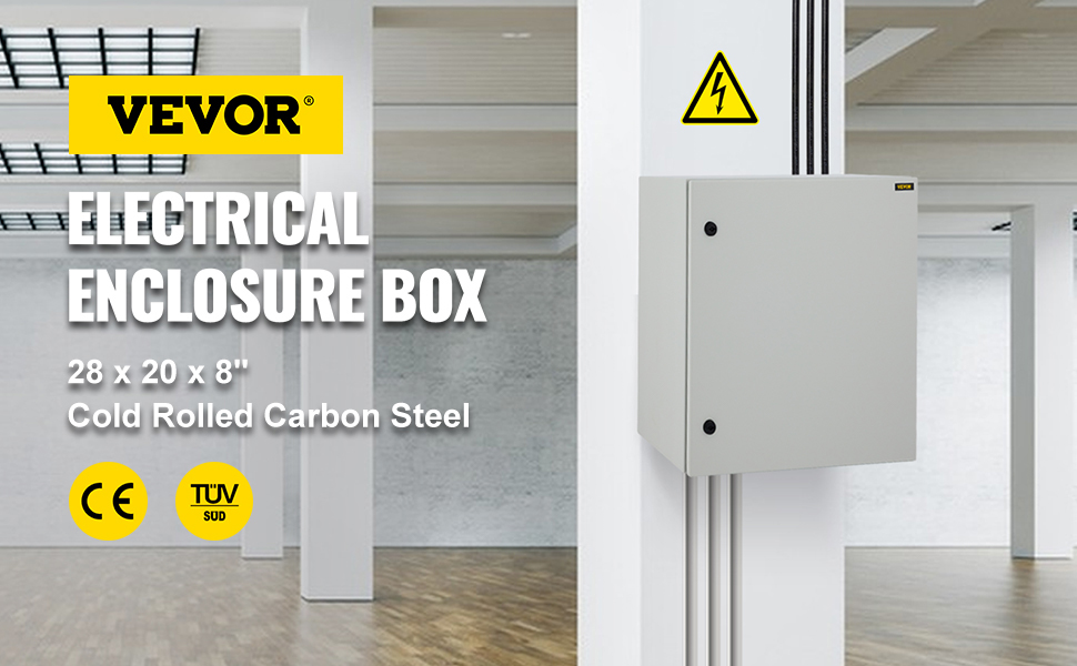 VEVOR electrical enclosure box, 28x20x8", cold rolled carbon steel, wall-mounted, ce and tuv certified.