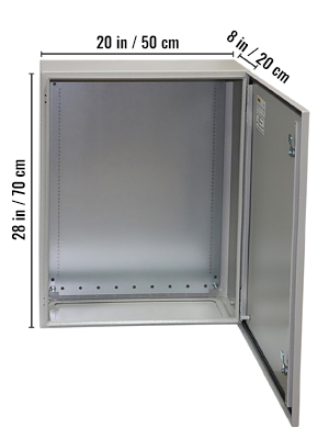 VEVOR electrical enclosure with dimensions 28 in x 20 in x 8 in, opened to show interior space.