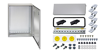 VEVOR electrical enclosure with open door, accessories including screws, bolts, connectors, and seals.