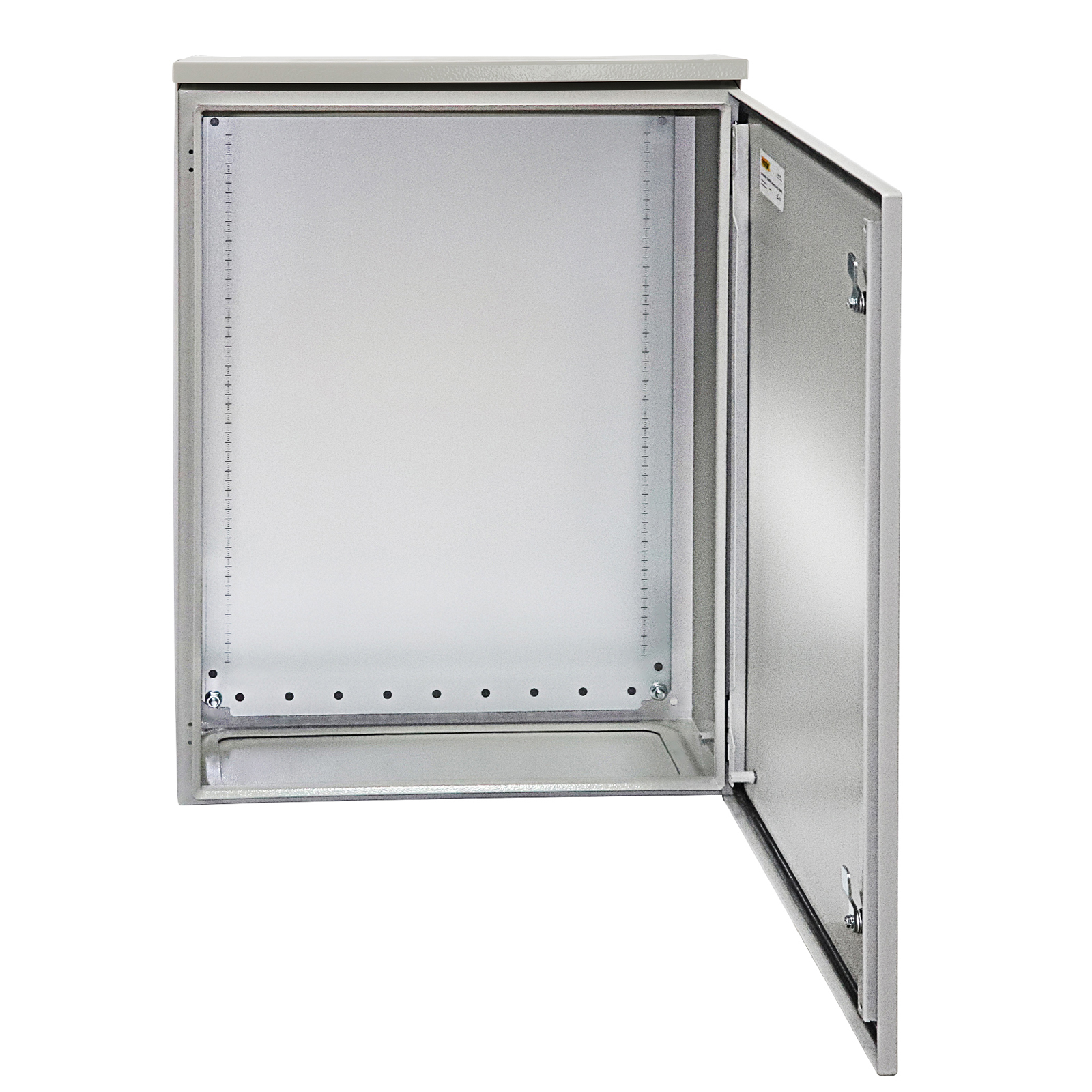 VEVOR electrical enclosure with open door showing empty interior and mounting holes.