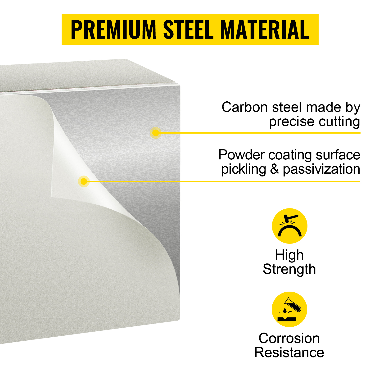 VEVOR electrical enclosure made of carbon steel with powder coating, high strength, and corrosion resistance.