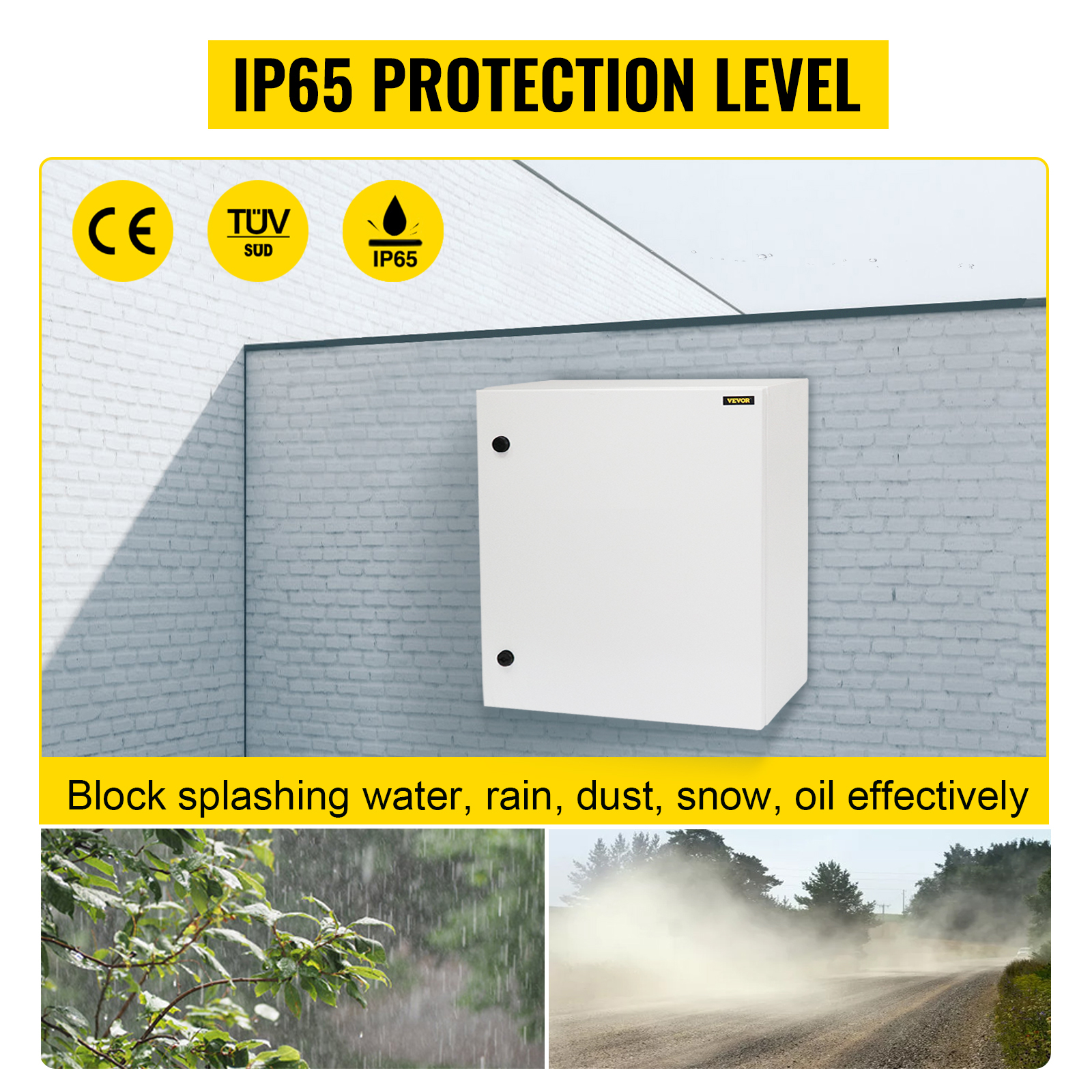 VEVOR electrical enclosure with ip65 protection level, blocking water, rain, dust, snow, and oil.