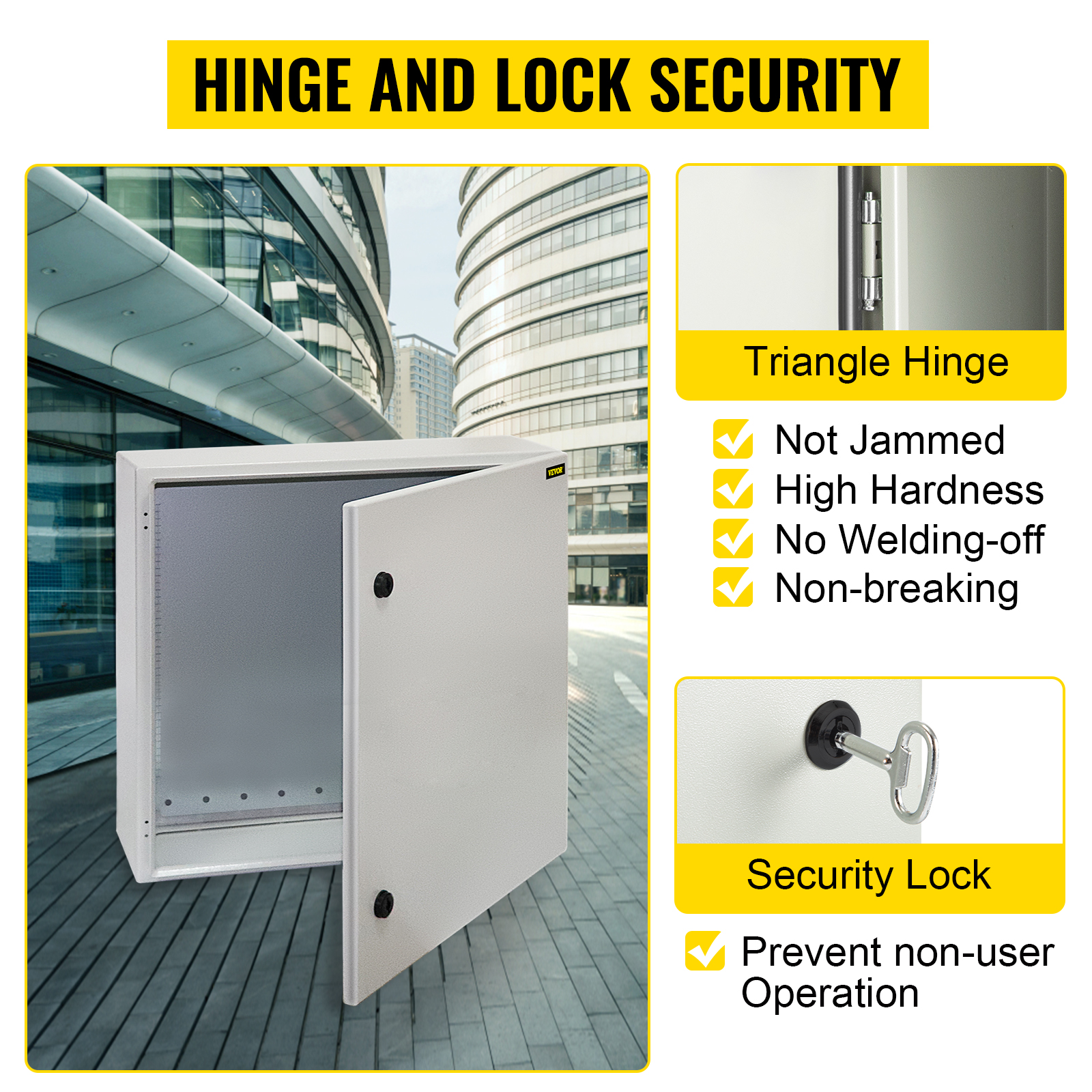 VEVOR electrical enclosure with hinge and lock security features, triangle hinge, and security lock.