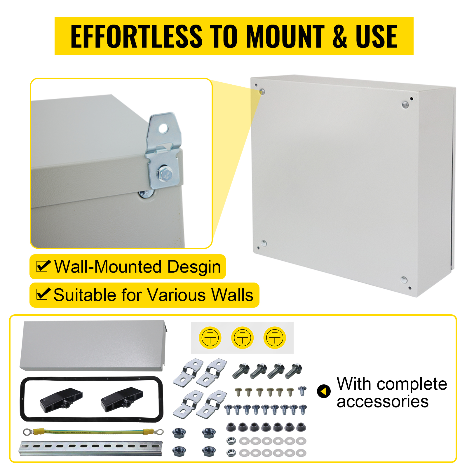 VEVOR electrical enclosure, wall-mounted design, complete accessories, suitable for various walls.