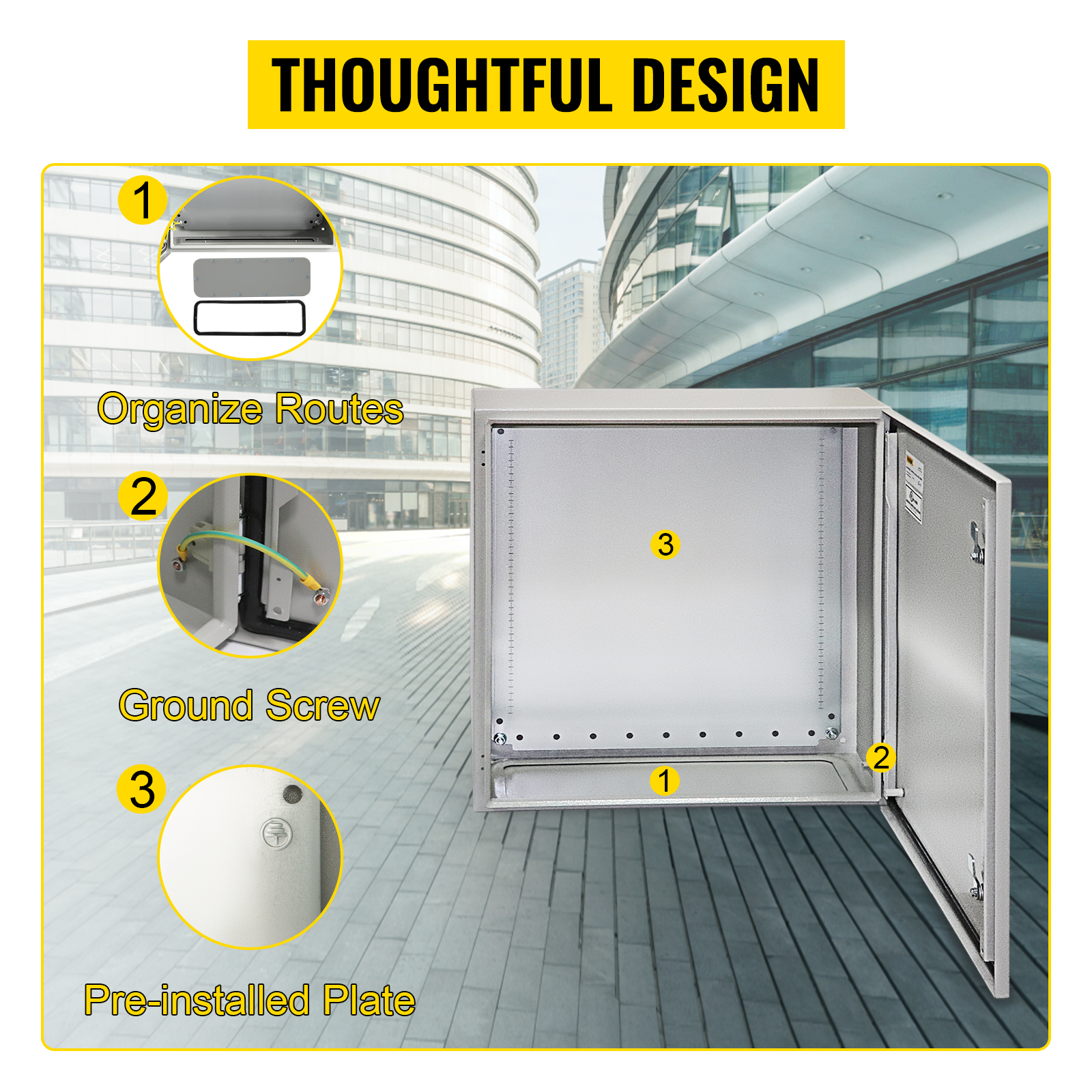 VEVOR electrical enclosure with organized routes, ground screw, and pre-installed plate in modern urban setting.