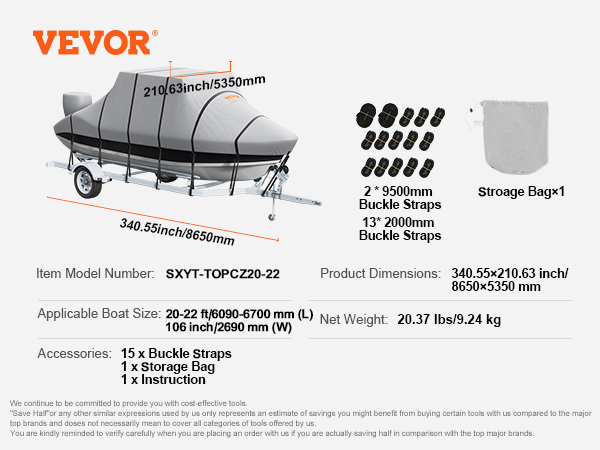 VEVOR t top boat cover, model sxcy-topcz20-22, 340.55 x 210.63 inches, accessories included.