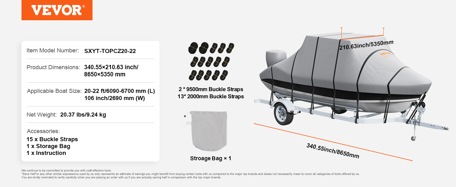 VEVOR t top boat cover, model sxcy-topcz20-22, 340.55 x 210.63 inches, accessories included.
