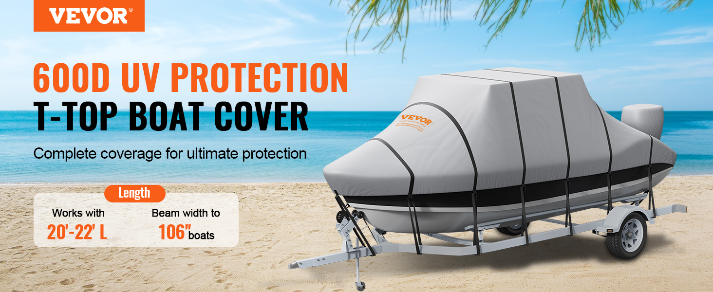 VEVOR t top boat cover on trailer at beach with "600d uv protection" text and product dimensions.