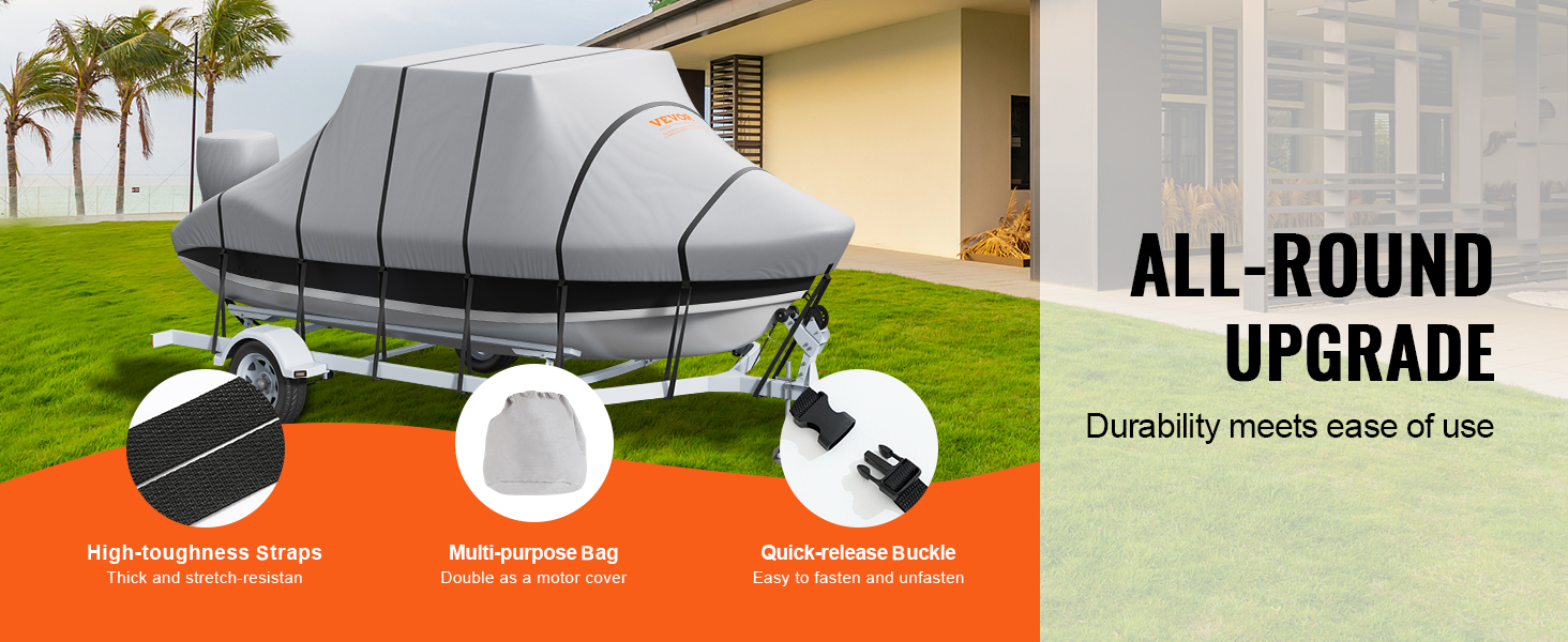 VEVOR t top boat cover on a trailer with high-toughness straps, multi-purpose bag, and quick-release buckle.
