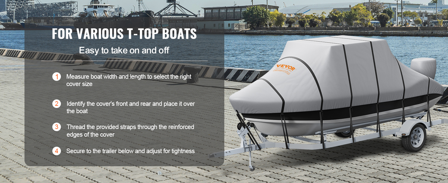 VEVOR t top boat cover on boat trailer at a dock, highlighting fitting and securing steps.