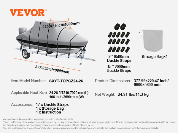 VEVOR t top boat cover protects a boat with 17 buckle straps, storage bag, and detailed dimensions listed.