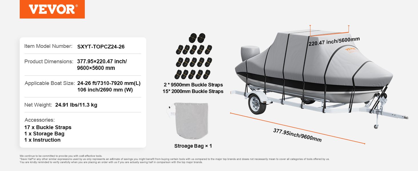 VEVOR t top boat cover protects a boat with 17 buckle straps, storage bag, and detailed dimensions listed.