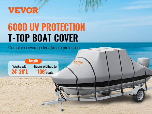 VEVOR t top boat cover provides 600d uv protection for 24-26' l boats, fits beam width up to 106".