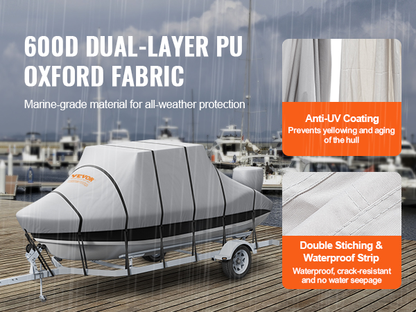 600d pu oxford fabric VEVOR t top boat cover with anti-uv coating, double stitching, waterproof strip.