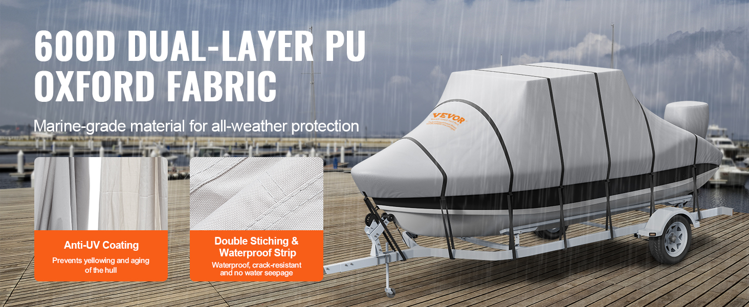 600d pu oxford fabric VEVOR t top boat cover with anti-uv coating, double stitching, waterproof strip.