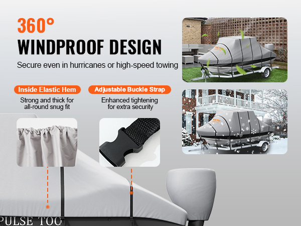 VEVOR t top boat cover: 360° windproof design, elastic hem, adjustable buckle strap for secure fit.