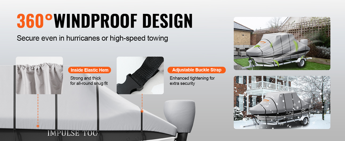 VEVOR t top boat cover: 360° windproof design, elastic hem, adjustable buckle strap for secure fit.