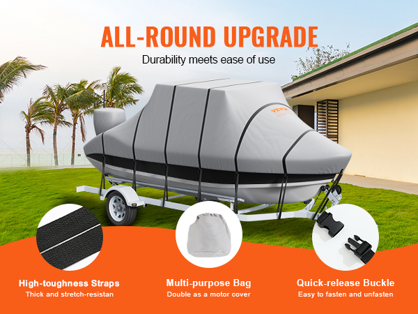 VEVOR t top boat cover with high-toughness straps, multi-purpose bag, and quick-release buckle.