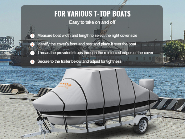 VEVOR t top boat cover on a trailer, showing easy-to-follow steps for securing and adjusting.