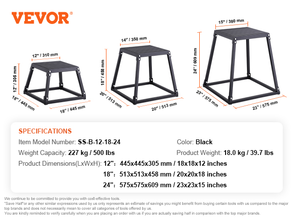 VEVOR plyometric jump boxes in black, sizes 12", 18", 24"; weight capacity 227 kg / 500 lbs.