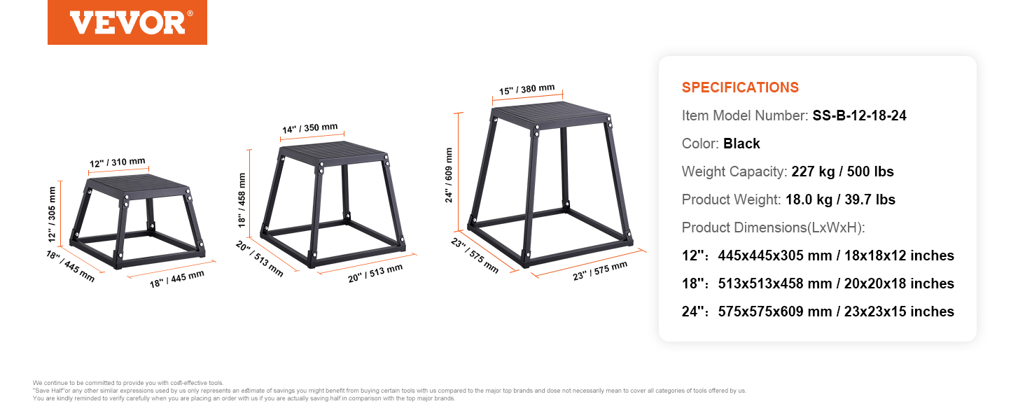 VEVOR plyometric jump boxes in black, sizes 12", 18", 24"; weight capacity 227 kg / 500 lbs.